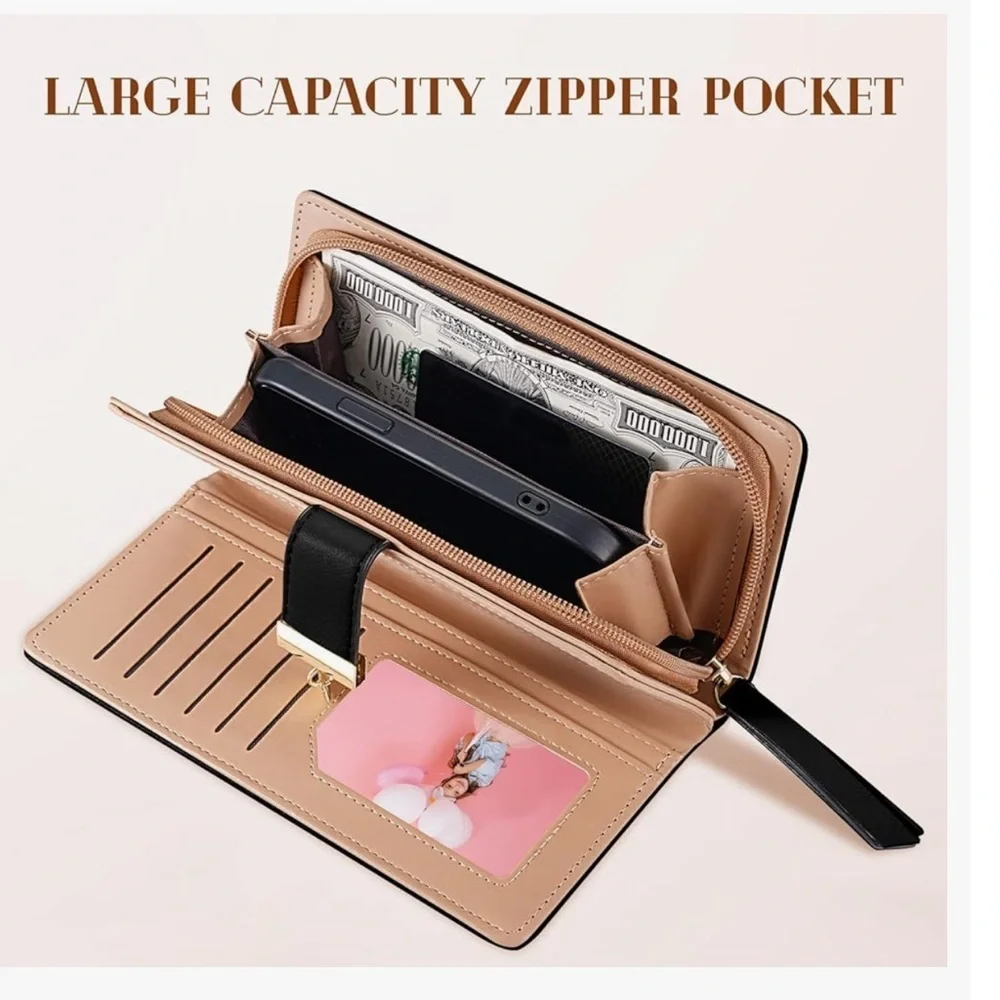 Women's Long Leaf Bifold Wallet Leather Card Holder Purse Elegant Clutch ( new)